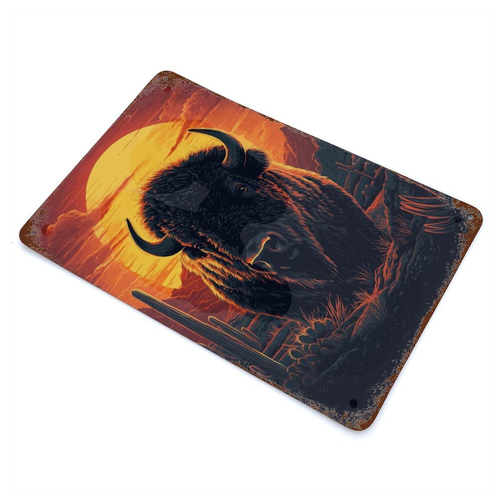 Bison in Desert Sunset Vintage Rust Metal Sign 11.8"x7.9", Classic Wall Plaque for Basement, Hobby Room And Garage Decor