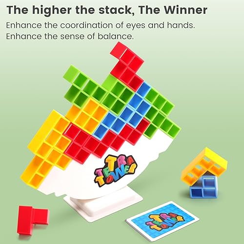 Miniatura 2 de Kiapeak Juego de 32 bloques de equilibrio de torre Tetra para apilar, juegos de mesa familiares, juguetes apilables de equilibrio para niños y