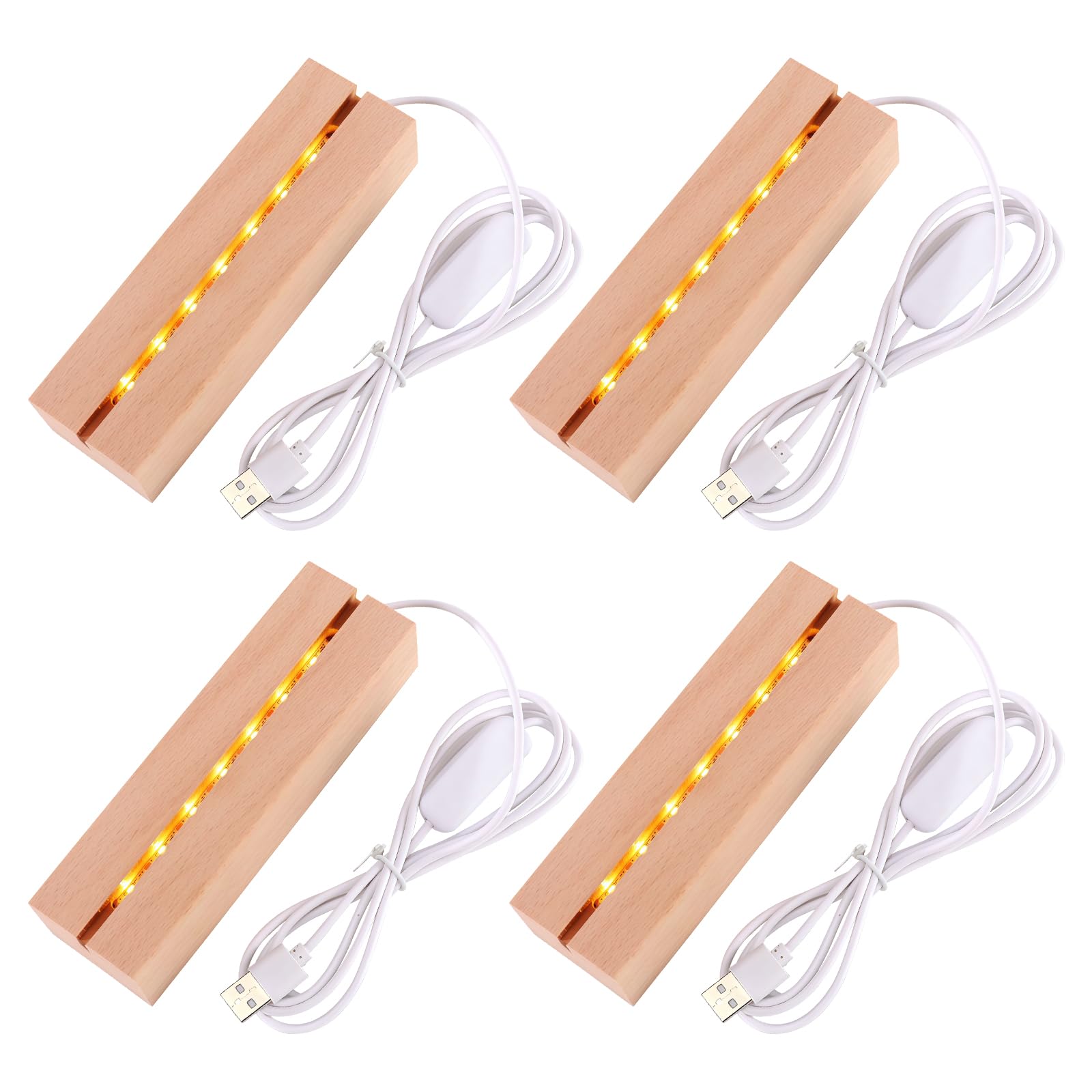 4 pezzi base LED in legno di faggio: base per display con striscia LED, supporto rettangolare per display luce calda 3 x 4,5 x 15 cm, per pannelli acrilici spessi fai da te, decorazione in