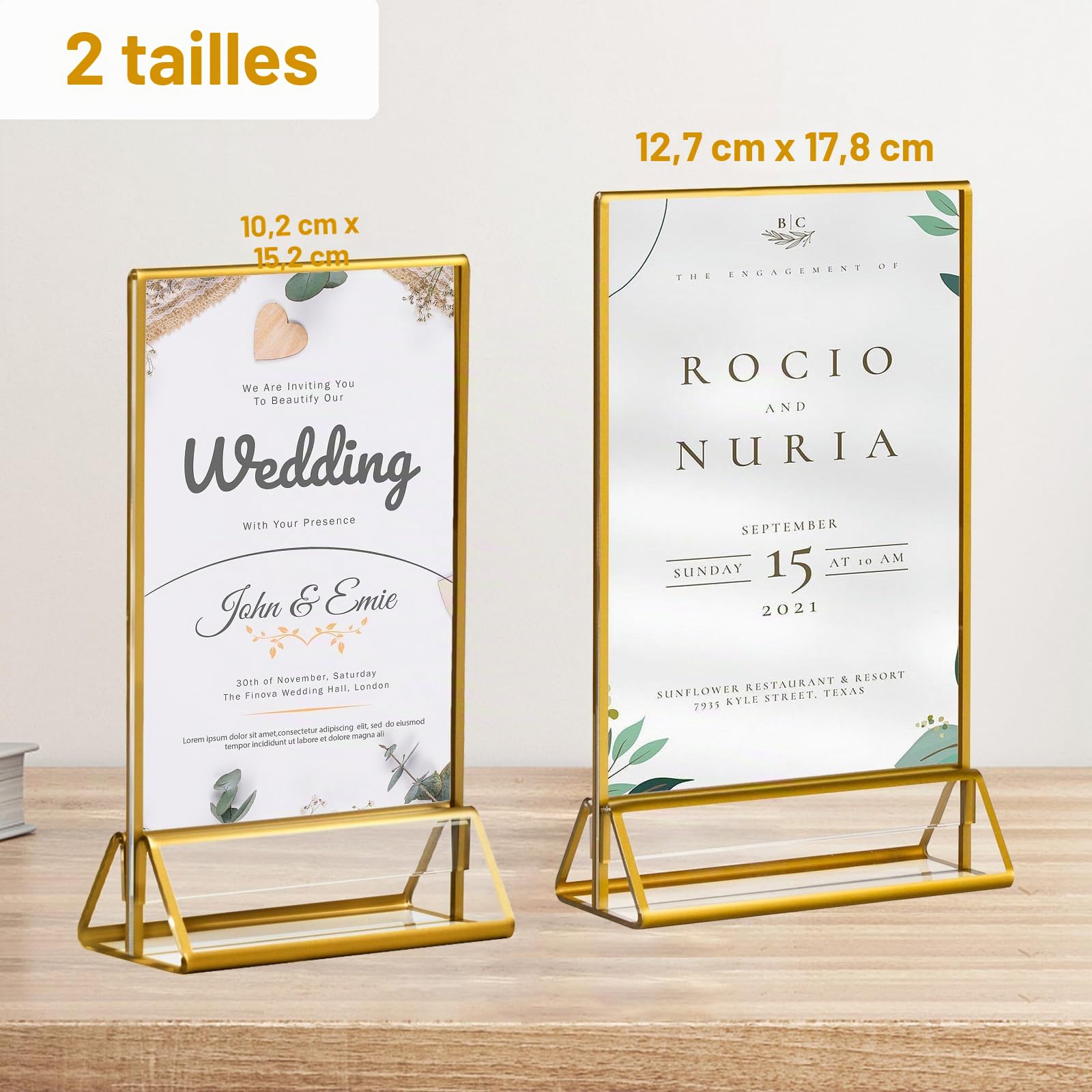 CECOLIC Lot de 6 Supports de Panneau en Acrylique Avec Bordures Dorées, Supports de Menu Double Face, Cadres Photo Transparents pour Panneaux de Menu, Numéros de Table de Mariage (10,2 x 15,2 cm)