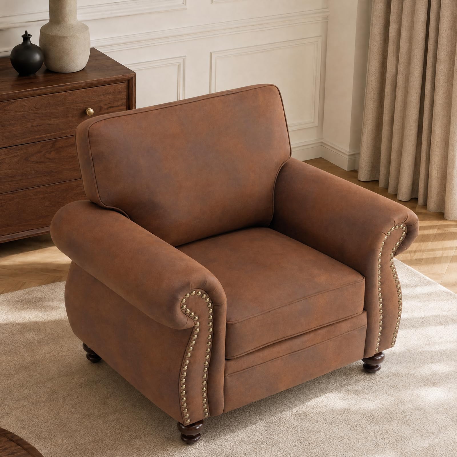 Couchus 42”W Mid-Century Accent Chair, Single Sofa, Caramel Rust