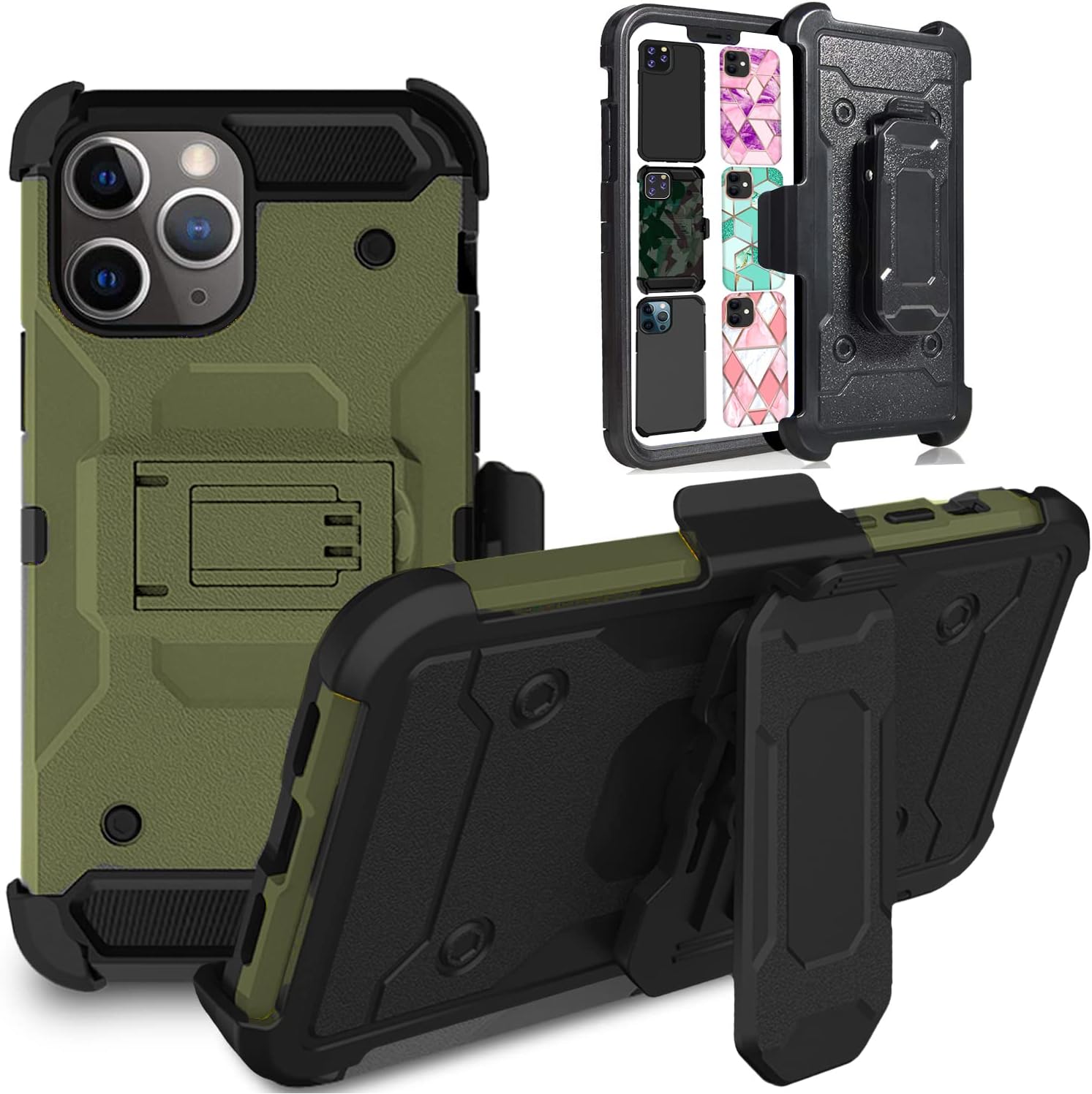 DuraSafe Cases for iPhone 11 PRO 5.8" 2019 A2160 A2217 A2215 Heavy Duty Military Print Belt Clip Rugged Cover - Green (with Holster)