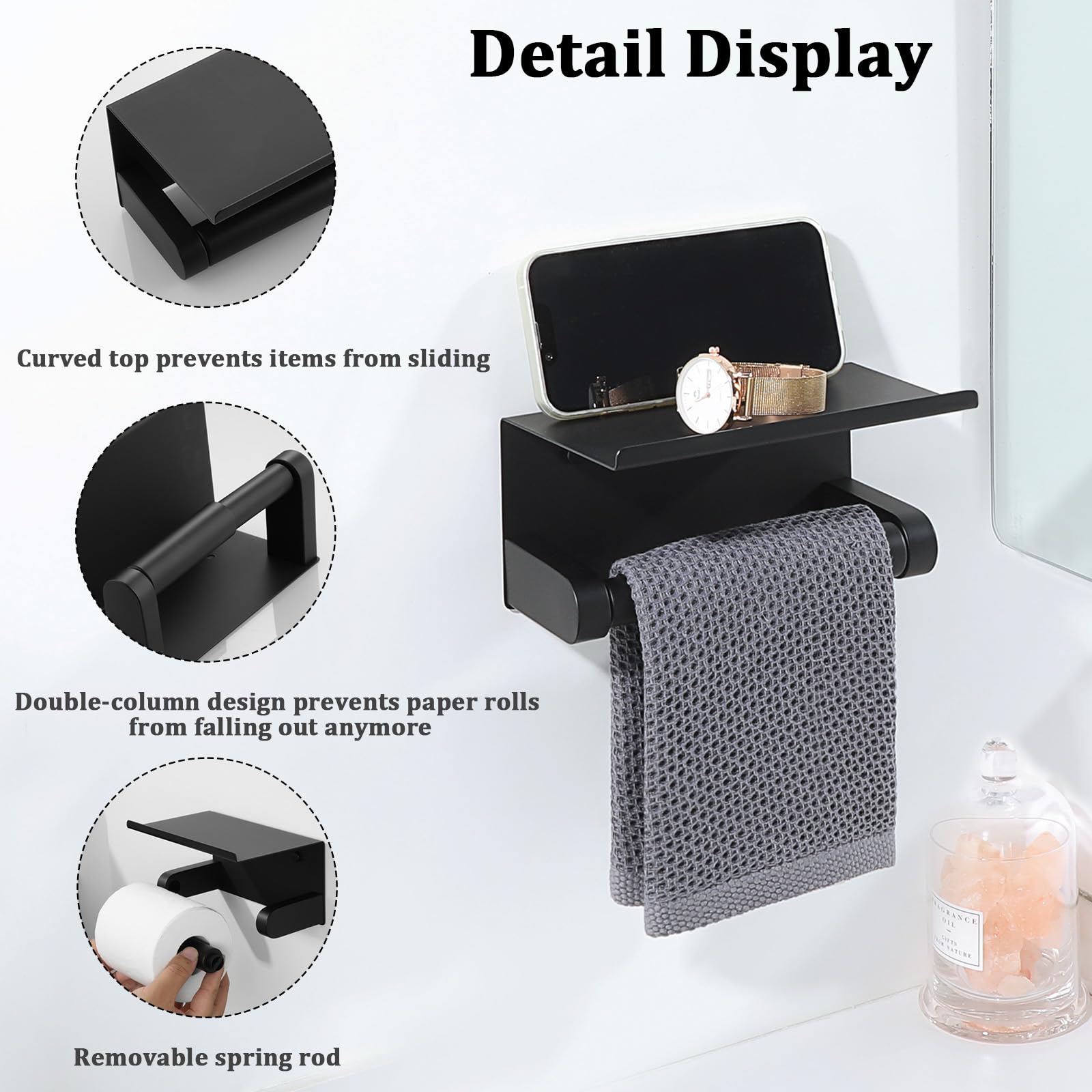 Alise Black Toilet Paper Holder with Shelf Wall Mount Adhesive or Drilling — Amazon image 4