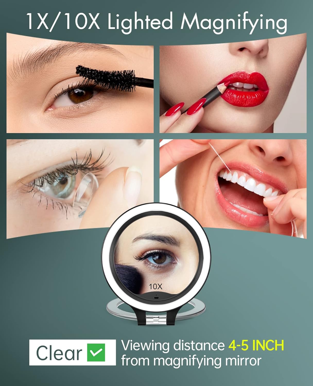 FASCINATE Magnifying Mirror 10X 1X Double Sided Magnification Makeup Vanity Mirror Rechargeable Lighted Mirror with 3 Color Setting Adjustable Rotation LED Vanity Desk Mirror