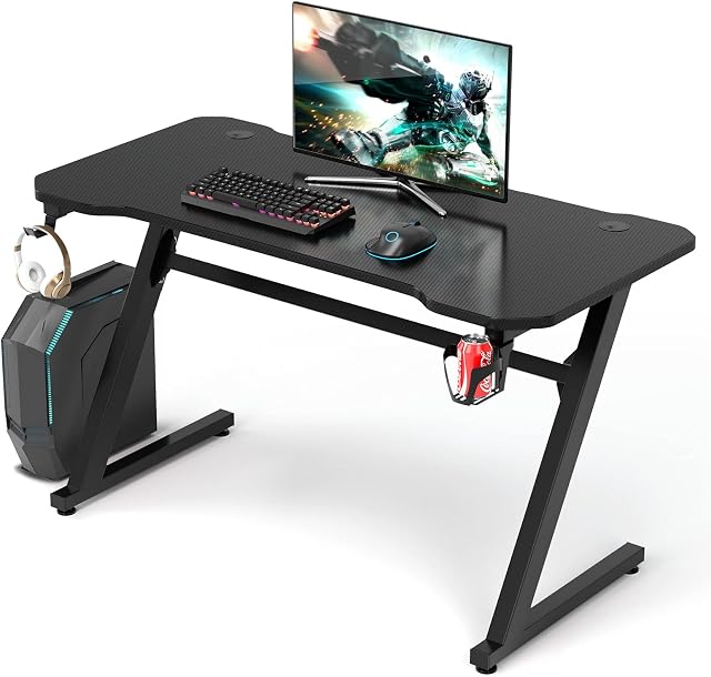 COSTWAY Gaming Computer Desk with Cup Holder and Headphone Hook, Z-shaped Ergonomic PC Racing Table Study Work Workstation for Home Office Bedroom, 120 x 60 x 70cm (Black)
