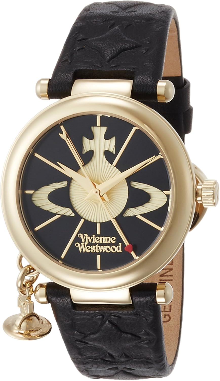 Vivienne Westwood VV006BKGD腕時計、ブラックダイヤル、ブラックレザー、クォーツ、ダイヤルカラー – ブラック、時計オーブ、チャーム、ブラック、ゴールド