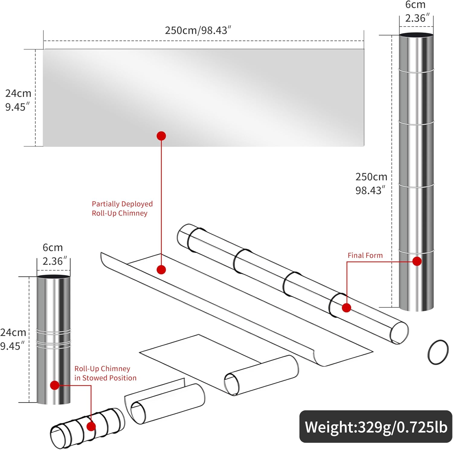 TGpaoTitanium Wood Stove Chimney - 79"/98"/118" Foldable Titanium Foil Chimney Pipe for Camping Tent Stoves (0.1mm Titanium, 9.4" Packed Length)