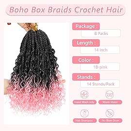 8 Packs Crochet Box Braids- 14 Inch Bohomian Box Braid Crochet Hair Synthetic Braiding Hair Goddess Box Braids Crochet Hair for Black Women(14(8Packs), 1B/Pink)