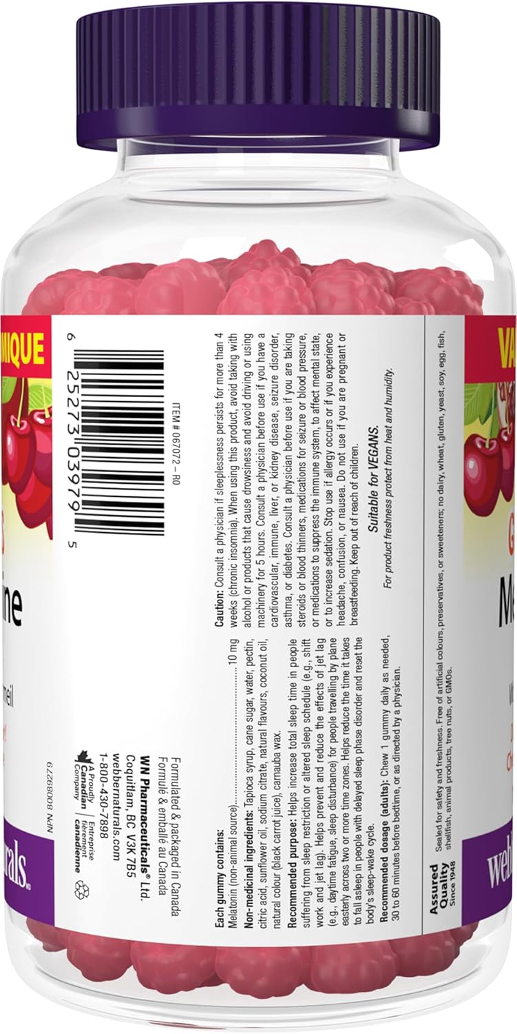 Webber Naturals Melatonin 10 mg Gummy, 100 Gummies, Cherry-Pomegranate Flavour, For Sleep Support, Vegan - Image 8
