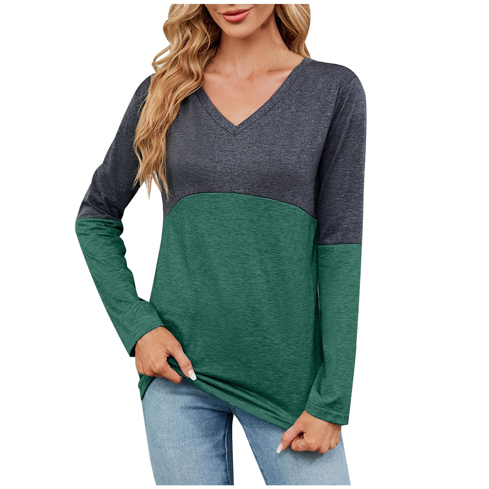 Mittory Tunic Tops for Leggings for Women Long Sleeve V Neck Color Block T Shirts Casual Loose Fit
