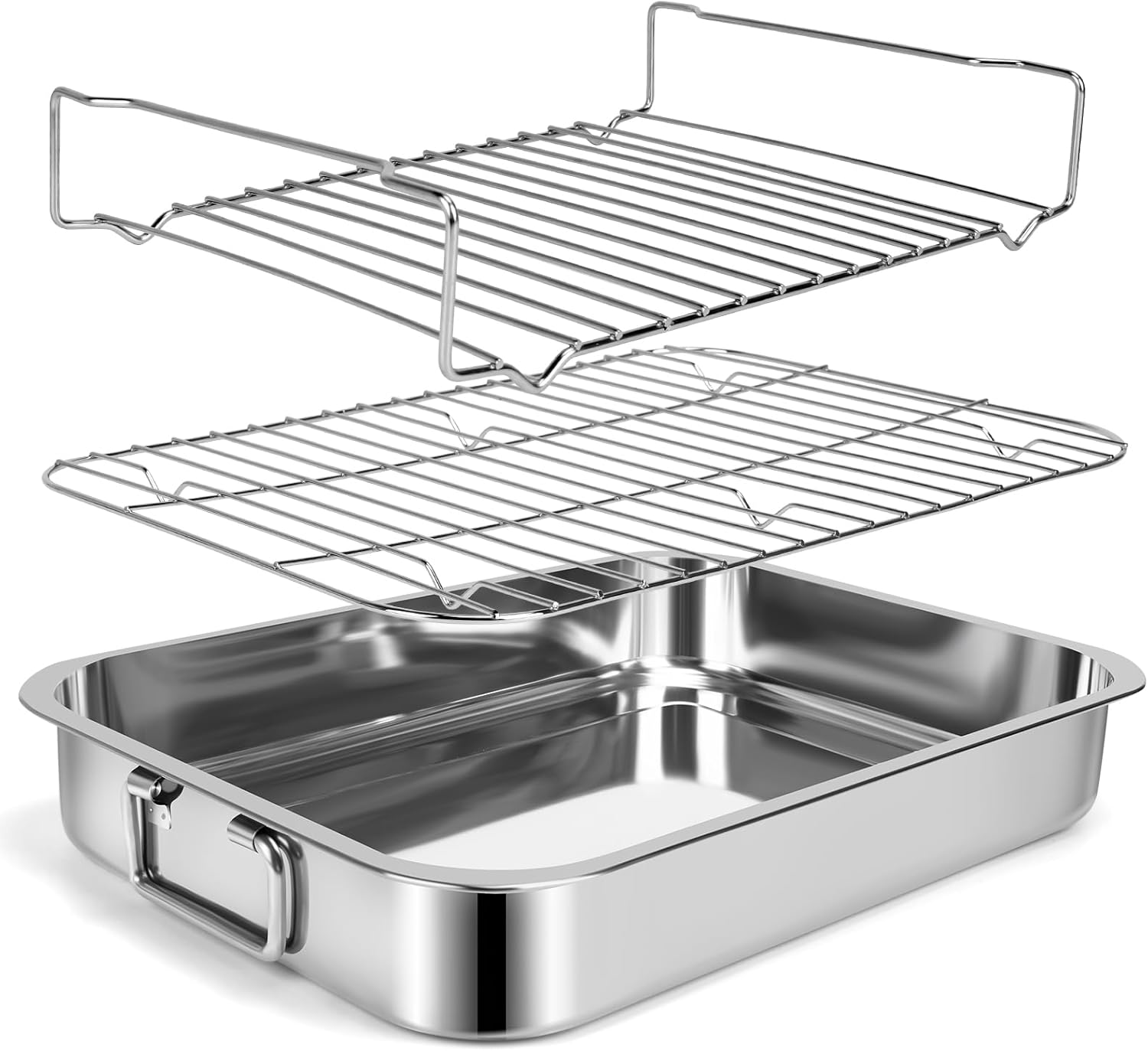 15.5" Stainless Steel Roasting Pans with Handles, Baking Pan for Oven with 2 Racks, Heavy Duty, Dishwasher Safe Rectangular Lasagna Pan with Handles for Turkey Chicken, Silver