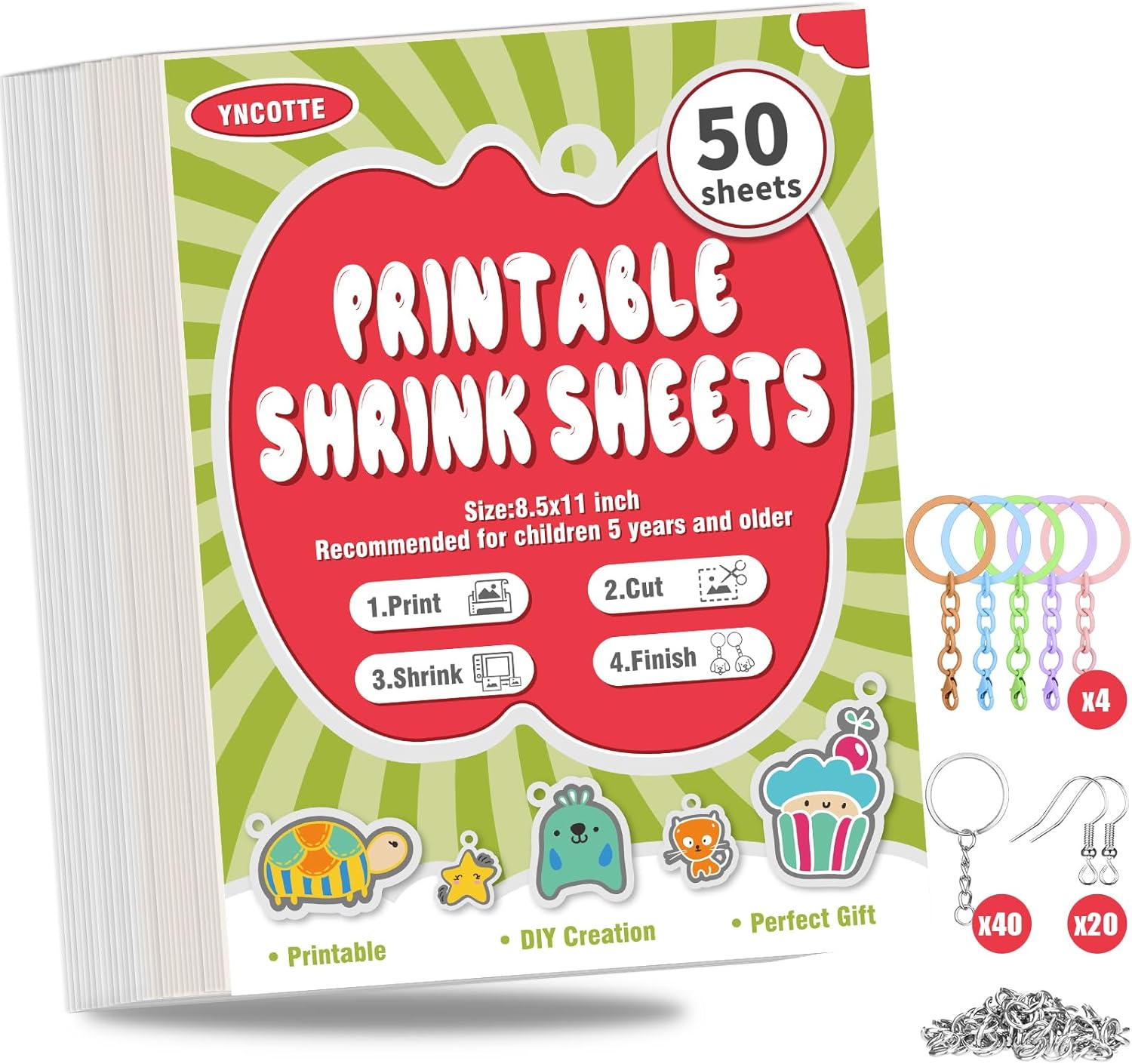 50Pcs Printable Shrink Paper, Plastic Shrinky Dink Sheets Set with Key Rings & Earring Accessories for Kids Easter Ornaments Mother’s Day Gifts DIY Art (8.5x11", 25 Semi-transparent/25 White)