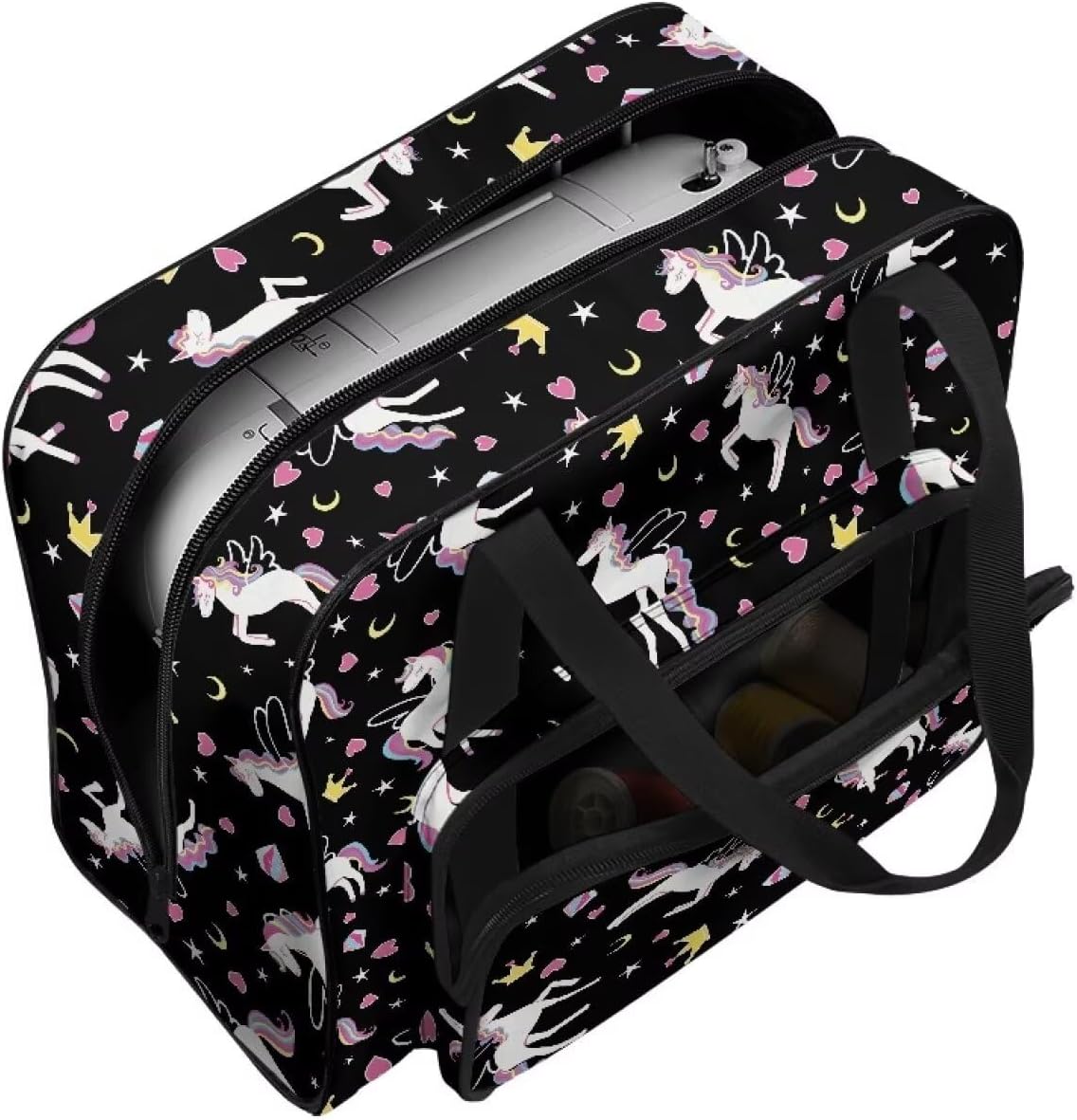 Horse Pattern Sewing Machine Carrying Case, Portable Sewing Machine Storage Cover Carrying Case with Zippers and Handle Tote Cover Bag for Most Standard Sewing Machines Black