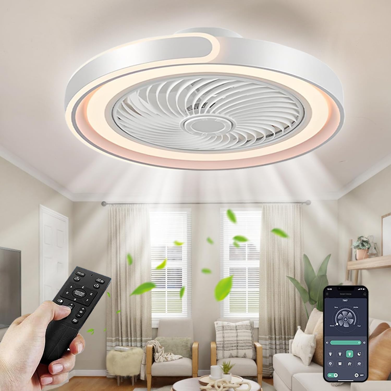 TYJY LED Leise Deckenventilator Mit Beleuchtung 70W Dimmbar Deckenleuchte Mit Ventilator Fernbedienung APP Timer 6-Gang Weiß