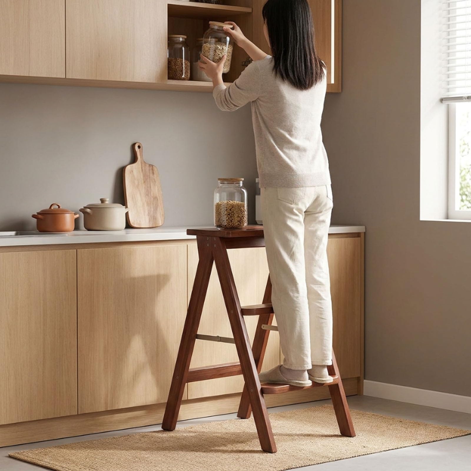 Chaise échelle pliante 2 en 1 en bois massif – Marchepied peu encombrant pour cuisine et bibliothèque, design portable vert foncé pour adultes, polyvalent et élégant à la maison