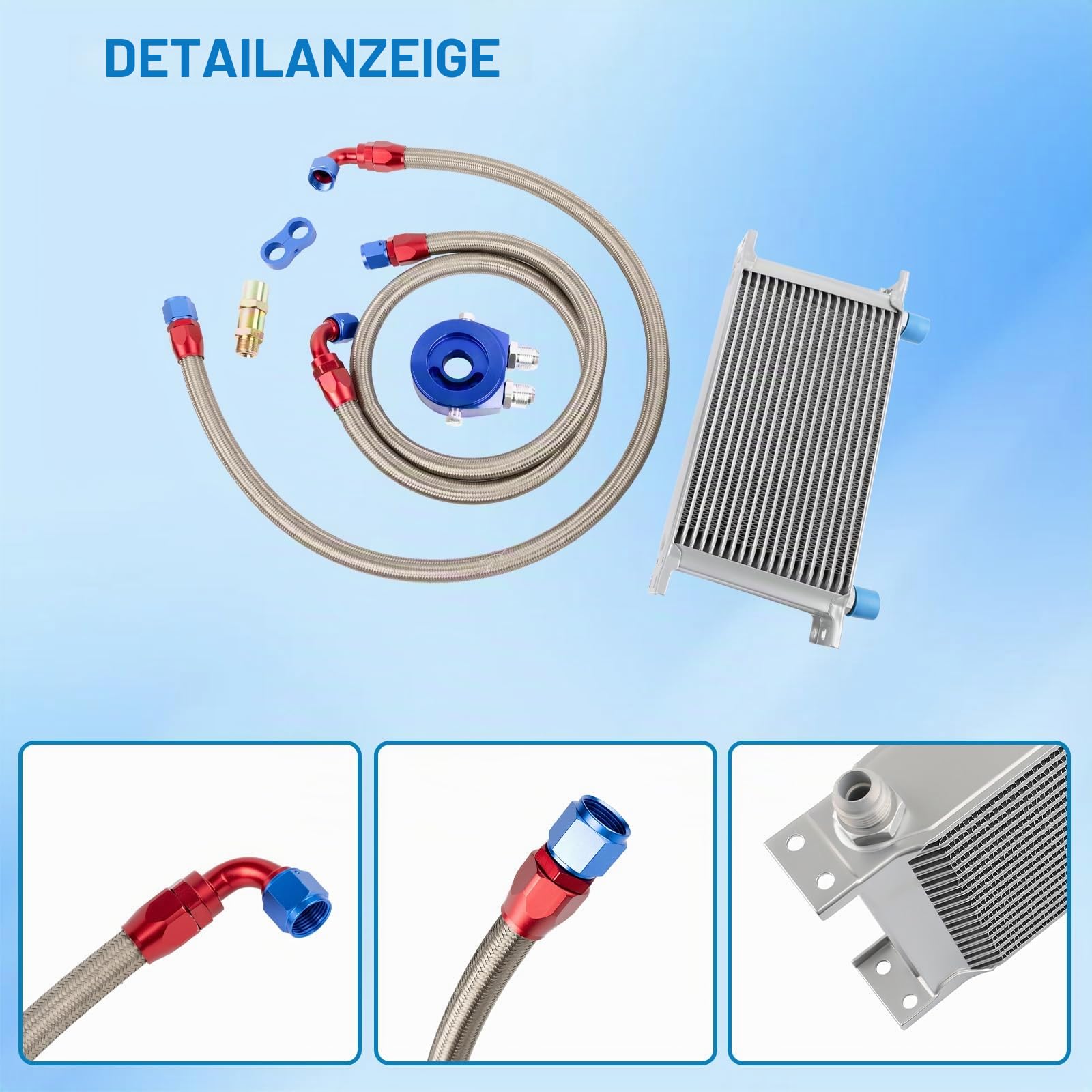 Ölkühler 19 Reihen AN10 Anschluss Set Zusatz Kühlung Extern Oil Cooler Universal Motorkühlung Wasserkühler Ölkühlerkühler Motorölkühler Motorgetriebe Ölkühler mit 2 Ölschlauch Motorkühler