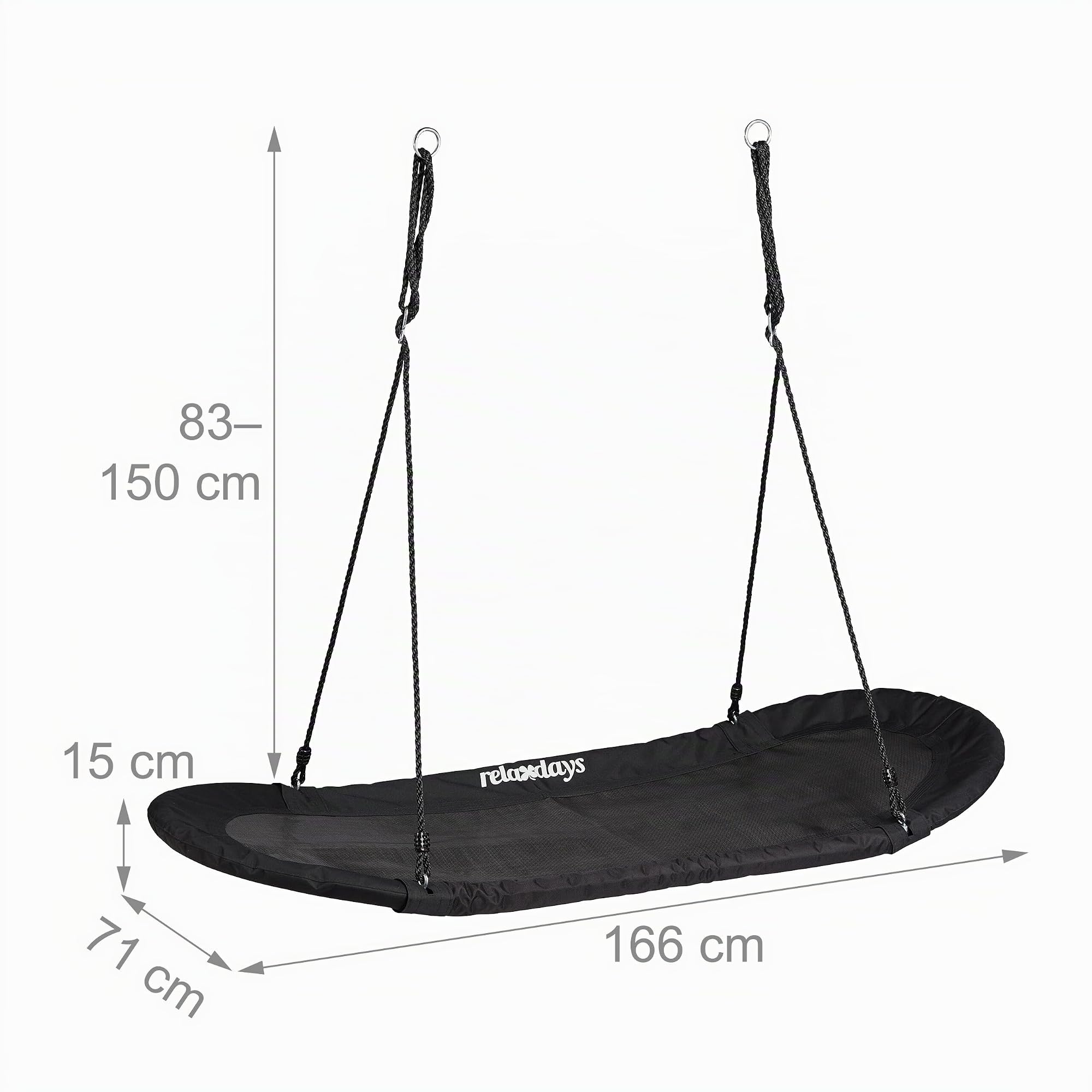 Relaxdays Altalena Grande XXL, Amaca per Bambini & Adulti, 100 kg, Sedia Sospesa Ovale a Nido, 141,5 x 43,5 cm, Nero