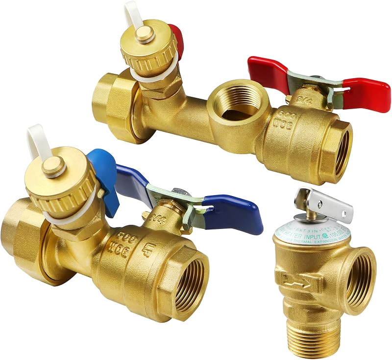 3/4 Inch IPS Isolator Tankless Water Heater Service Isolation Valve Kit | Clean Brass 3/4" Service Installation Valve kit with Pressure Relief Valve for rheem rinai ecosmart navien bosch