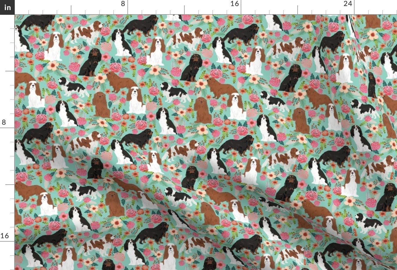 Spoonflower Fabric - Floral Spaniels Cavalier King Charles Painted Aqua Pink Mint Roses Printed on Minky Fabric by The Yard - Sewing Baby Blankets Quilt Backing Plush
