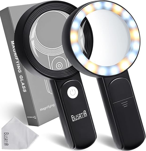 BUSATIA Magnifying Glass 30X, 18LED Handheld Large Magnifying Glass with light, 100mm/4in Glass Magnifier with 3 Modes, Illuminated Magnifying Glass for Reading, Hobbies (Black)