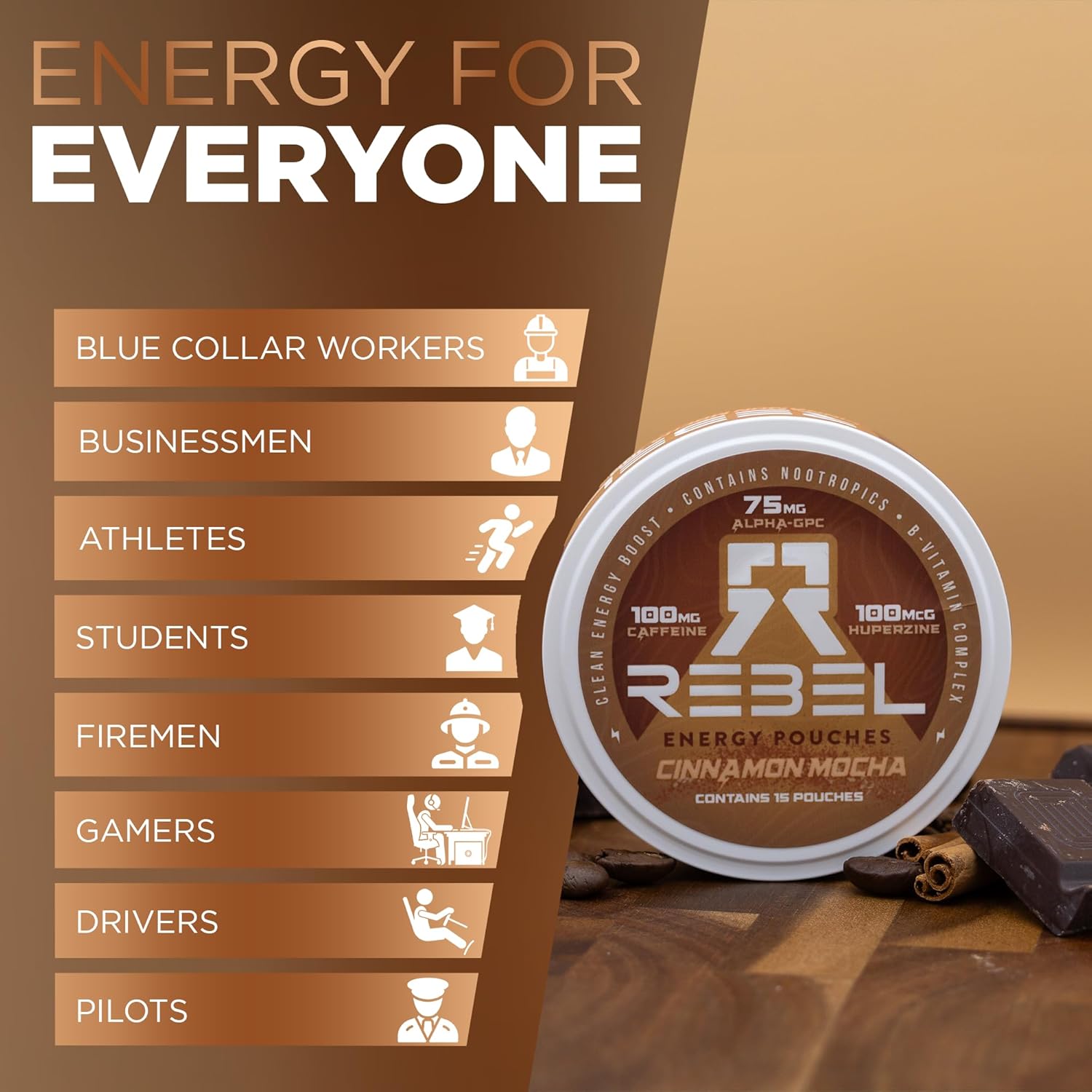 Rebel Nootropic Energy Caffeine Pouches (Cinnamon Mocha) • 100mg Caffeine • Alpha GPC • Huperzine A & Essential Vitamins • Sugar-Free • Coconut Fiber Technology • 15 Pouches Per Can (Pack of 4)