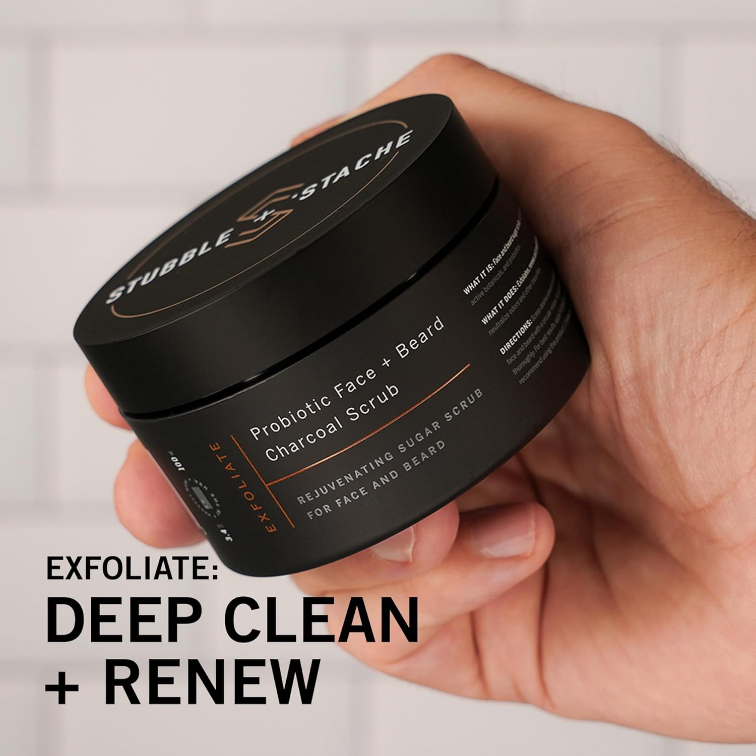 stubble & stache Exfoliating Probiotic Face & Beard Charcoal Sugar Scrub for Men - Deep Cleanse, Pre-Shave Wash, Natural Pore Minimizing Scrub for Daily Use - 3.4 fl oz