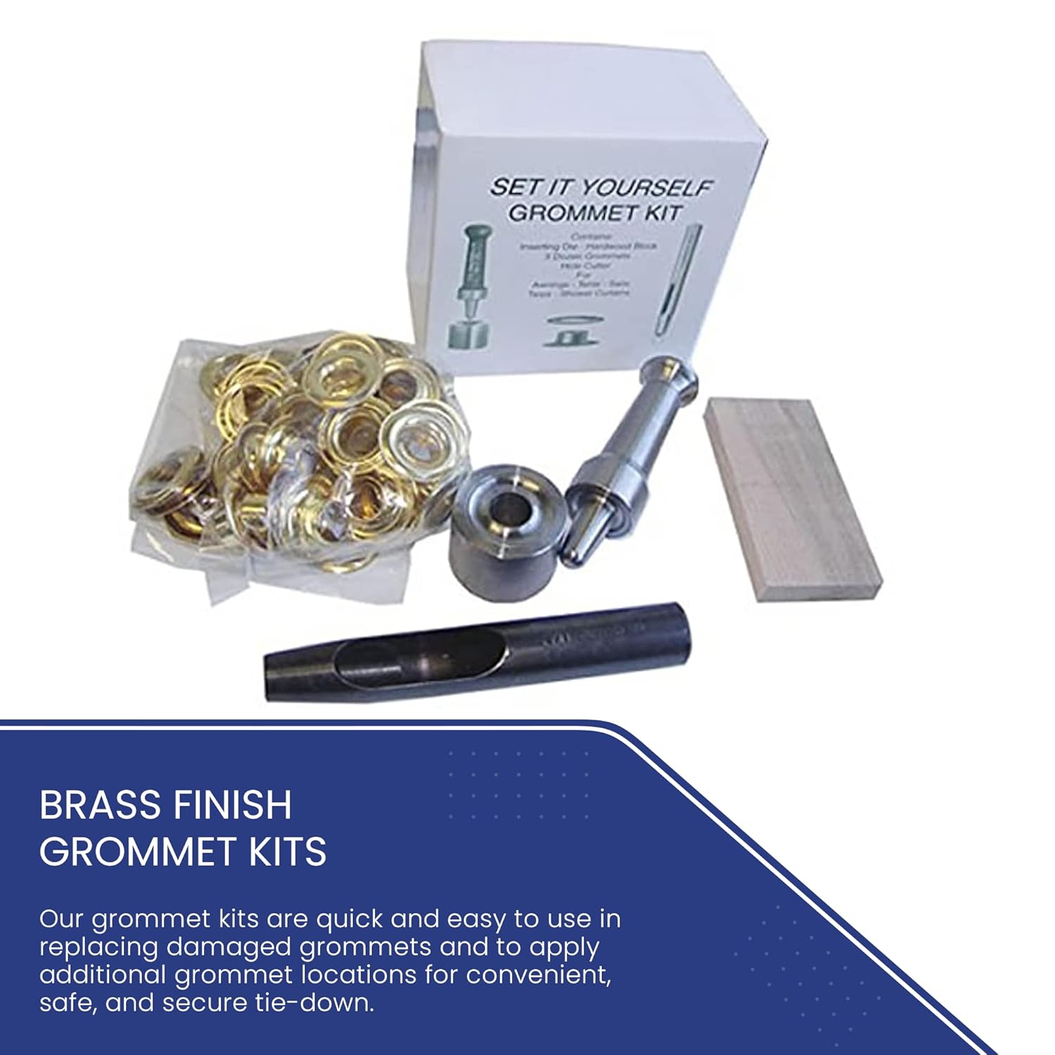 Tarps Now ® Grommet Tool Kit #3 (7/16" Hole) with Grommet Die Cutting Punch, Small Cutting Board, and Paired Sets of Grommets and Washers for Tarp Repair or Addition (36 ct), Brass Finish