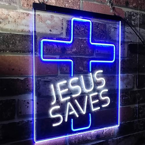 Miniatura 3 de Jesus Saves Cross Decoración del hogar Luz nocturna LED de doble color Señal de neón blanco y azul 12 x 16 pulgadas st6s34-i3140-wb