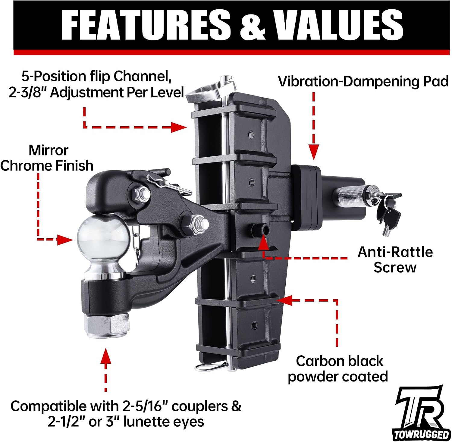 Adjustable Pintle Hitch Combination, 2.5" Receiver, 2-5/16" Ball, 6-7/16" Drop, 6-5/8" Rise, 20,000 lbs (2.5" Receiver)