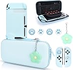 DLseego Pink Switch Case Set Carrying Case with 10 Slots Cute Protective Dockable Hard Shell with 4PCS Lovely Cat Paw Thumb Grips Caps and 1PC Flower Blossom Chain for Switch 2017 Version