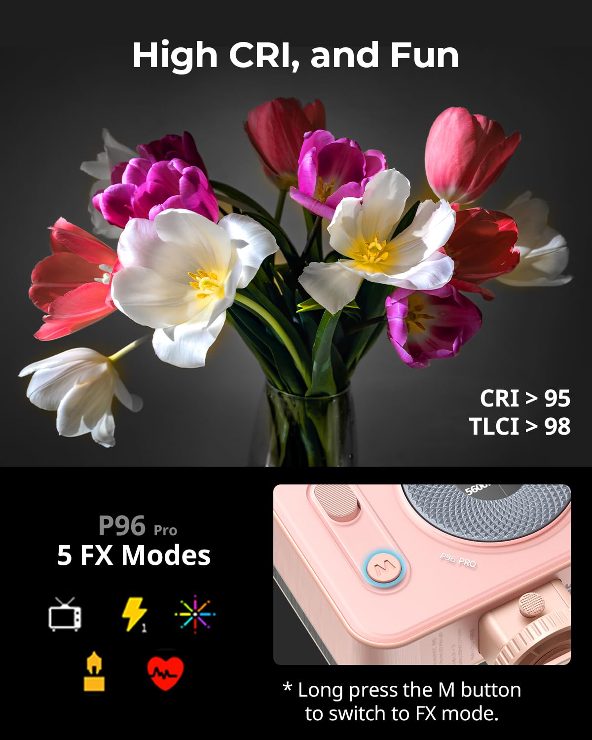 SMALLRIG Vibe P96 Pro LED-Videoleuchte, tragbare Kamera-Leuchte für Fotografie, Cold Shoe-Licht, CRI95+, 2500-6500K, 5 Effekte, Fülllicht-Zubehör für Content Creator, Streaming Rosa 4786