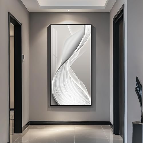 Large Framed Modern Abstract Vertical Wall Art for Living Room, Bright Style Luxury Prints Paintings Artwork for Walls, Minimalist Silver Gray Pictures for Hallway Entryway Foyer Stair Office Wall Decor 30x60 In