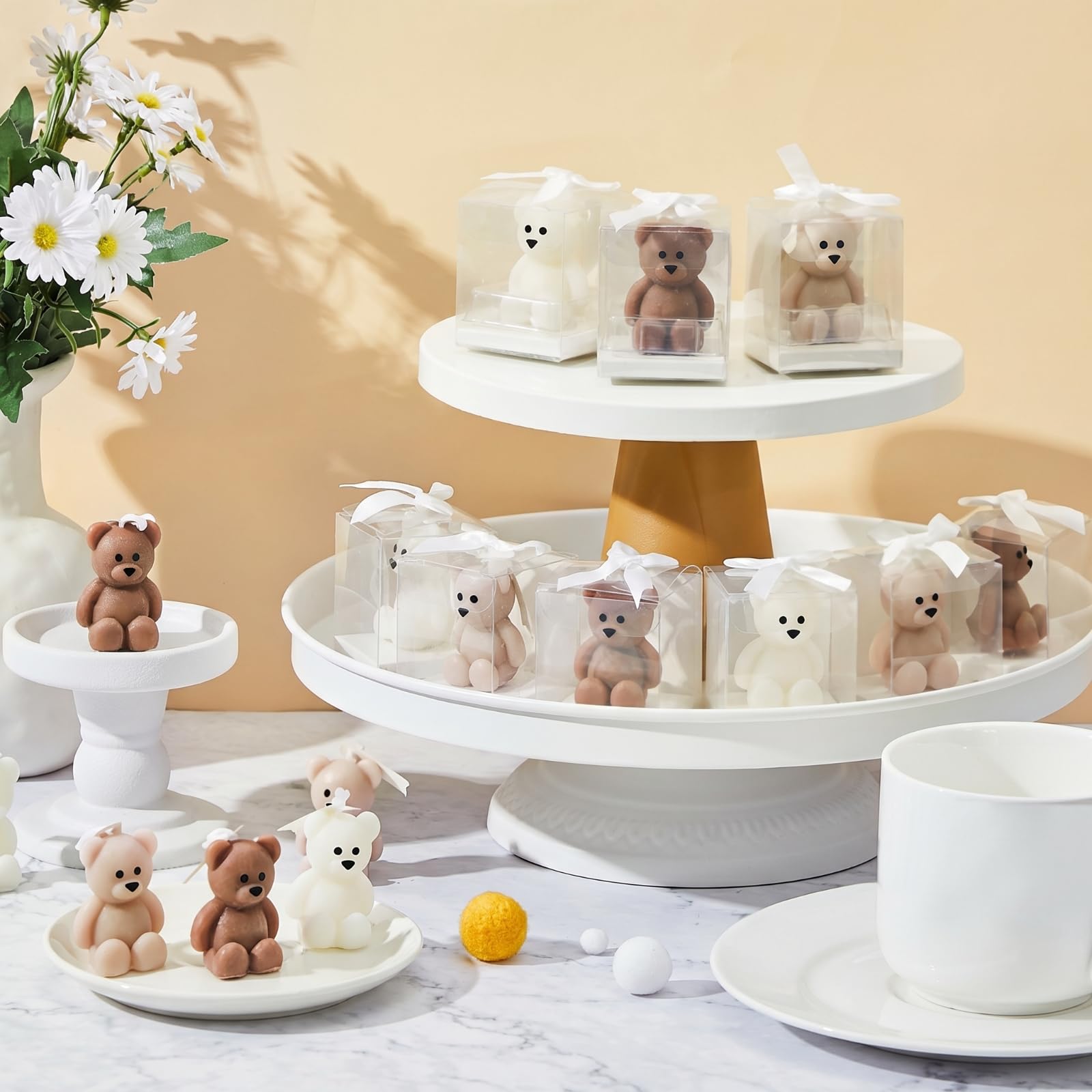50 szt. świec z niedźwiedziem na baby shower, upominki na przyjęcie z niedźwiedziem gościnnym, świece na baby shower, luzem na prezent, dekoracje imprezowe (jasna kawa, białe)