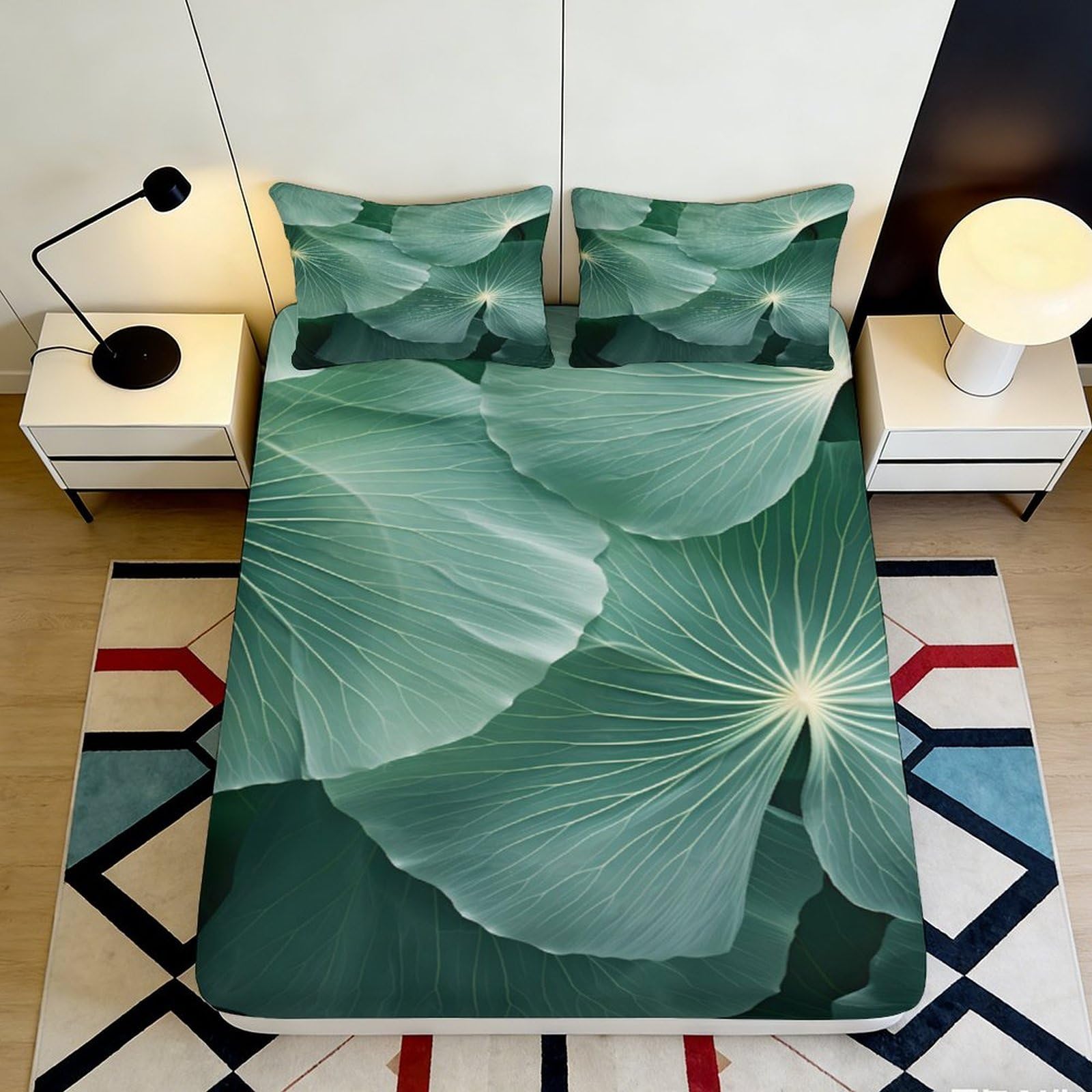 3D Printed Green Lotus Leaf Fitted Sheet Microfiber Botanical Mattress Cover Slip-Resistant Easy Care for Bedroom Guest Room 120x200x25cm