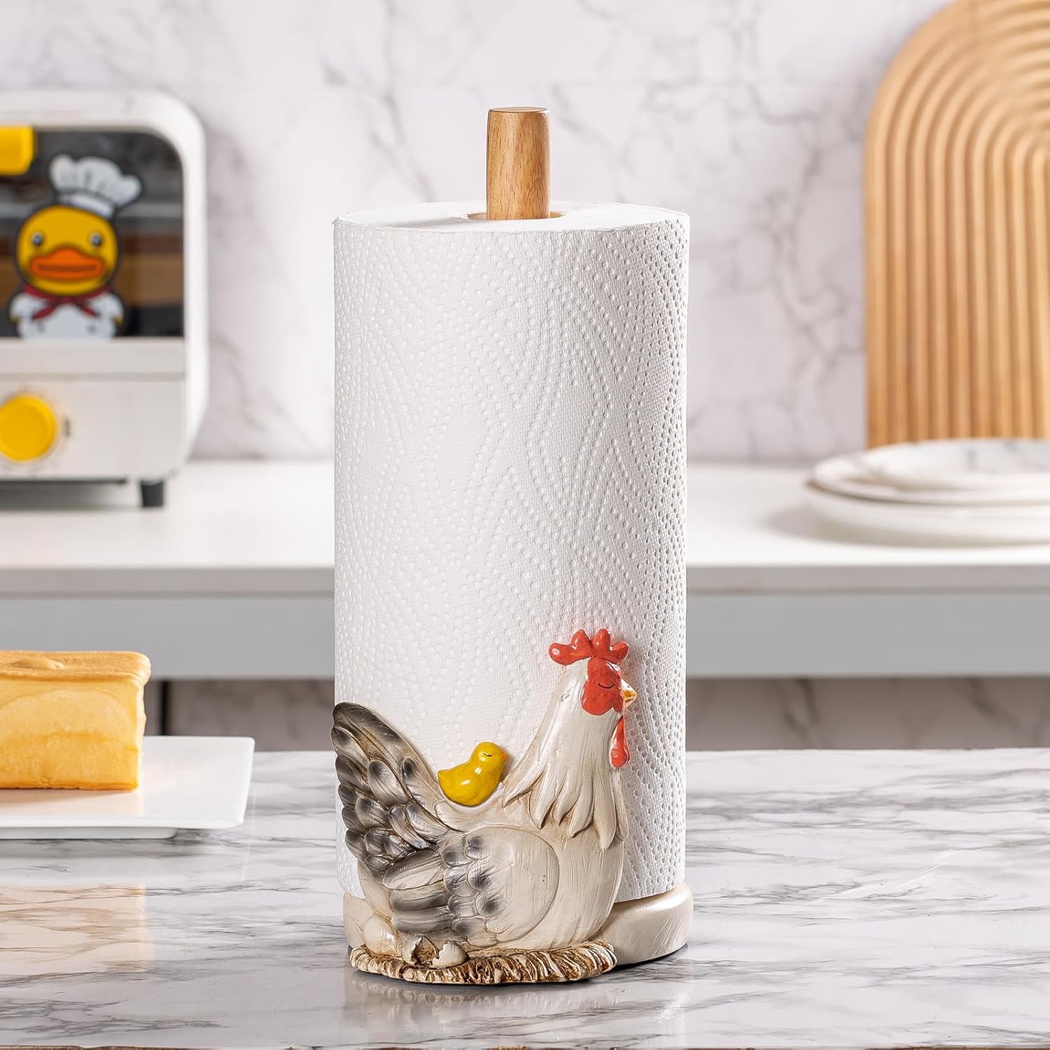 Farmhouse Hen and Chick Countertop Paper Towel Holder Stand with Decoration,Hand-Carved Wood Style for Kitchen Bathroom,2 Pounds Weighted Base for One-Handed Operation