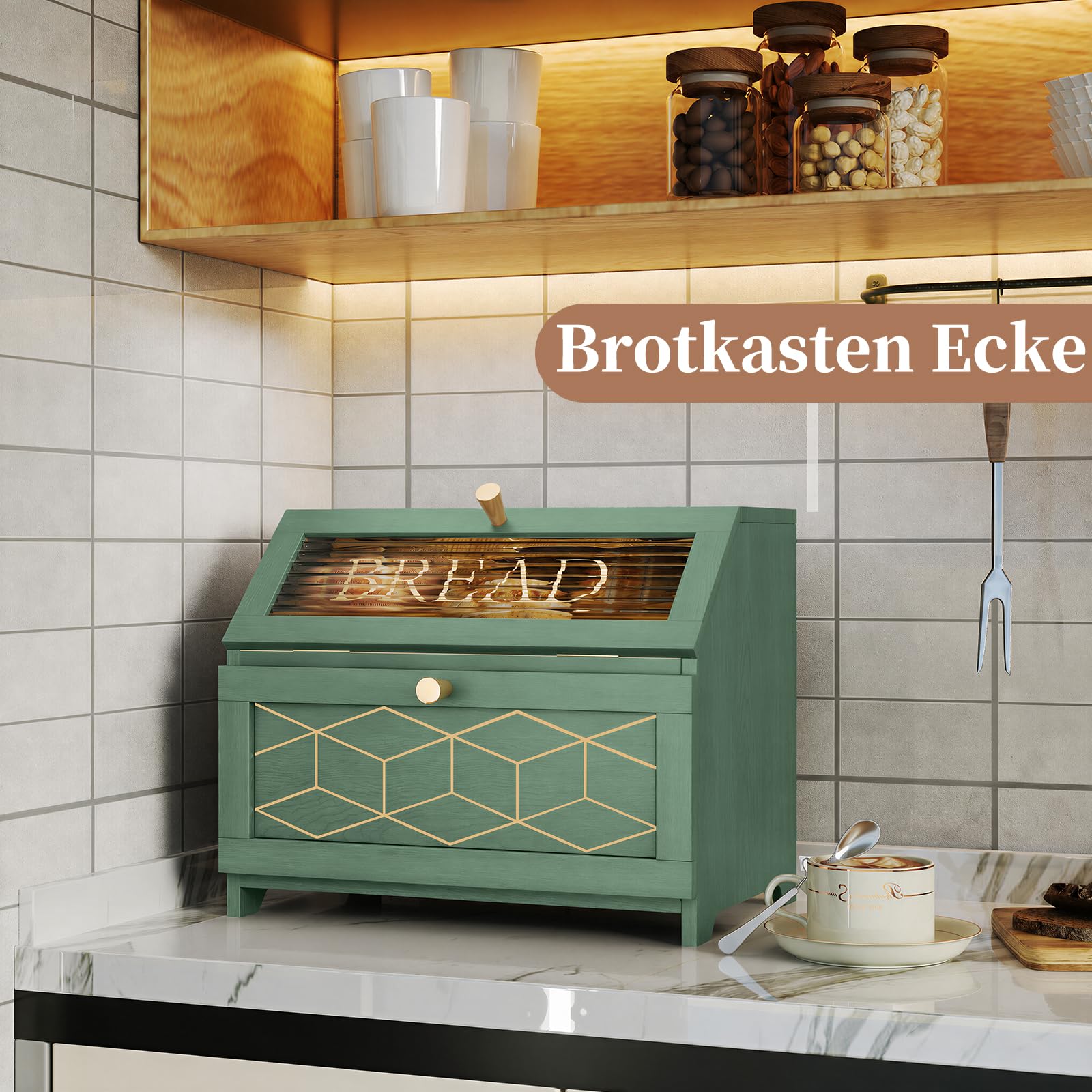Brotkasten Groß, 2 Etagen Brotkasten Holz, Grün Brotkasten Mit Transparentem Glas Fenster Brotbox Für Küche, Arbeitsplatte, Lebensmittellagerung
