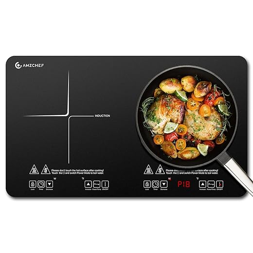 AMZCHEF Portable-Induction-Cooktop-2-Burner-ETL-Certified: 18 Power & 20 Temperature Levels Induction Burners 1800W, Independent Control,10-hour Timer, Safety Lock, Low Noise Electric Cooktops