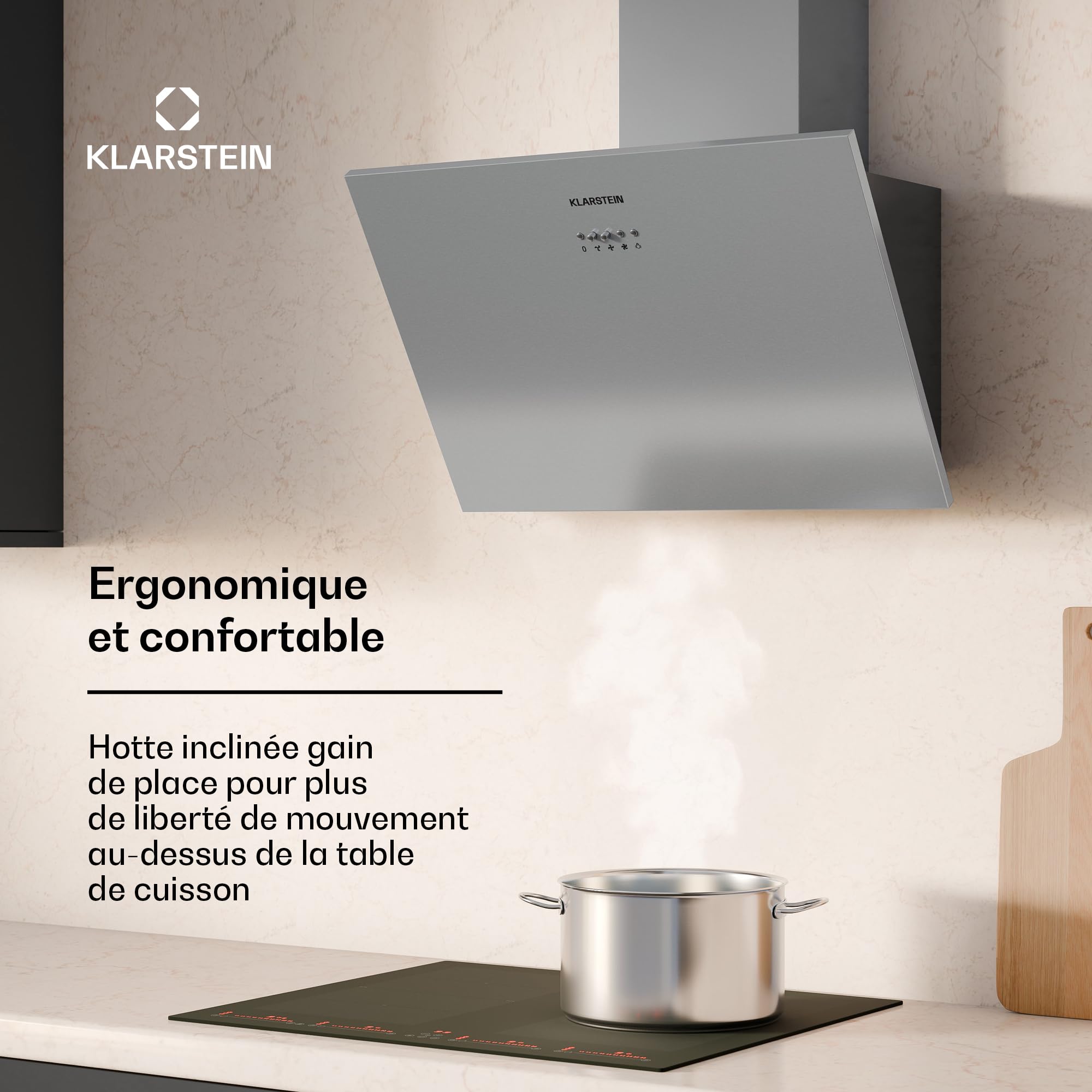KLARSTEIN Silver Lining - hotte aspirante murale, classe A, mode recyclage ou évacuation de l'air, 600 m³/h, 3 vitesses, tactile, écran LED, hotte inclinée, 60cm - inox