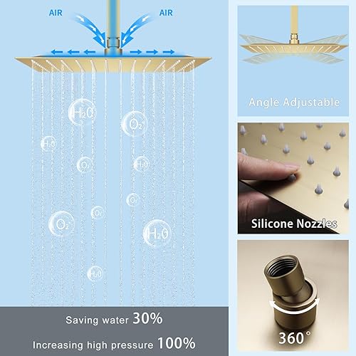 Miniatura 3 de Sistema de ducha con chorros de cuerpo, juego de grifo de ducha dorado cepillado de 12 pulgadas, montaje en techo, grifo de ducha de lluvia,