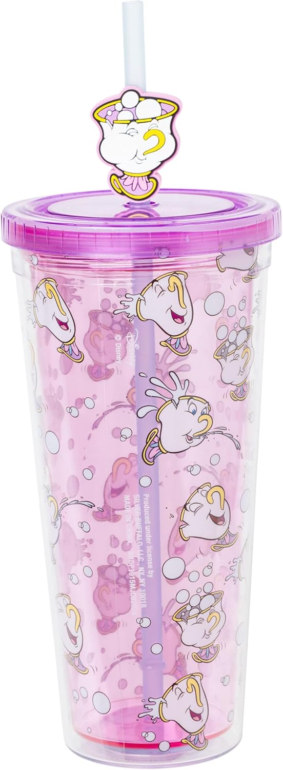 Silver Buffalo Disney Beauty and the Beast Plastic Cold Cup with Lid and Straw Topper Featuring Chip, 24 Ounces - Image 2