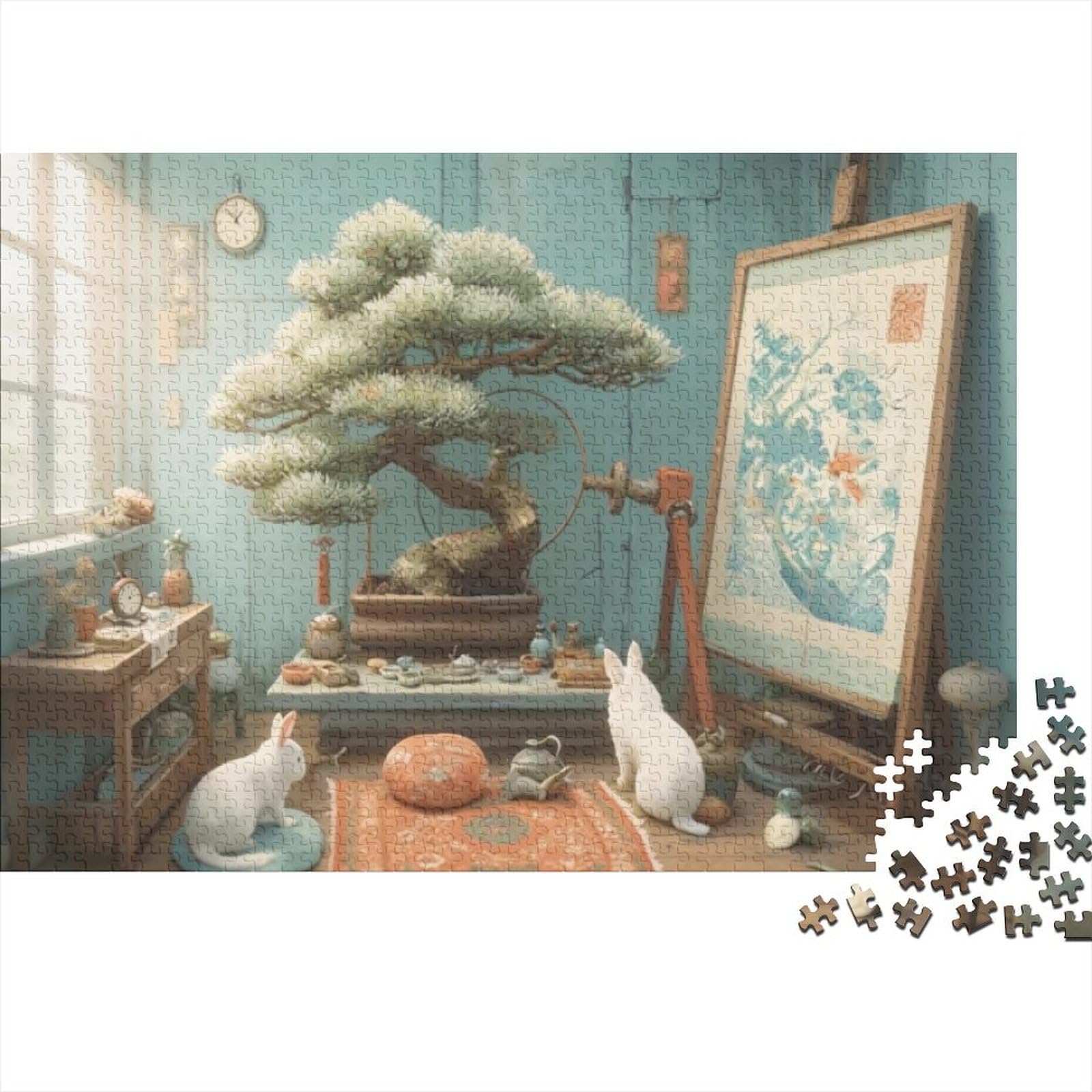 Bonsai Art 1000 Pieces Jigsaw Puzzle Recycled Cardboard for Family Cozy Rabbit Print Mindfulness Challenging Non-Toxic 38x26cm/1000pcs
