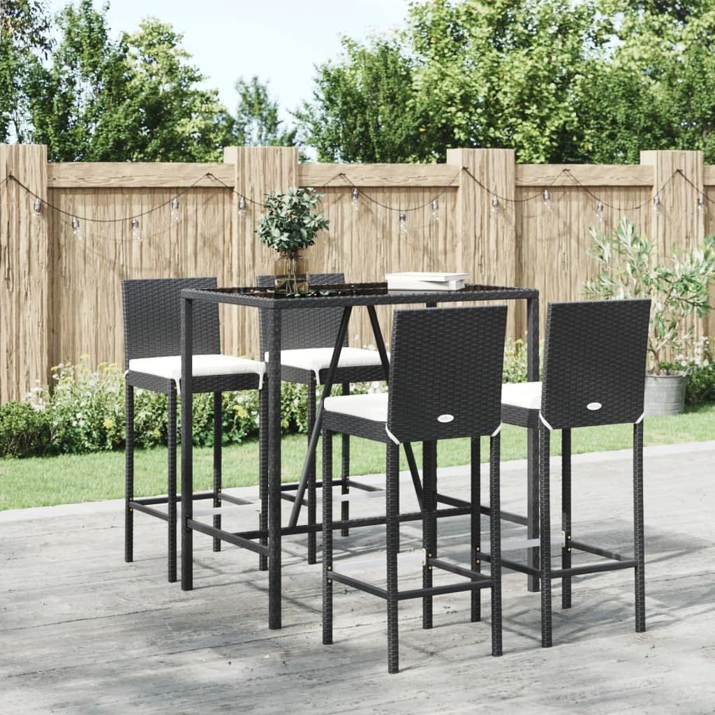 Garden Sets, 5 Piece Patio Bar Set with Cushions Black Poly Rattan