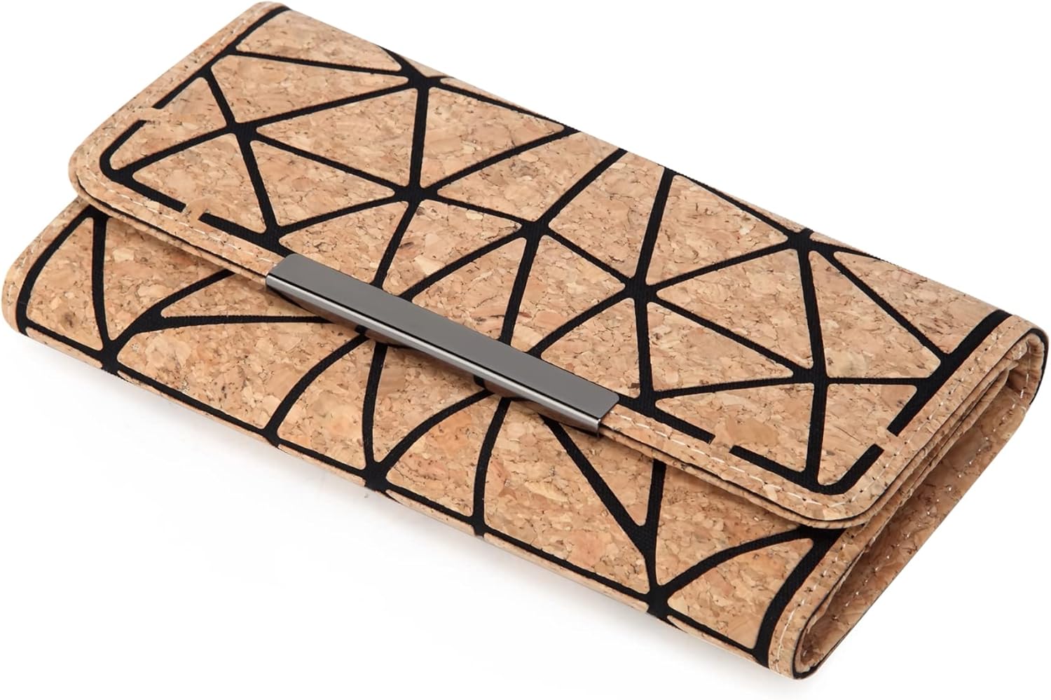 Women Girls Vegan Geometric Cork Wallet Three Fold Minimalist Purse Slim Card Holder Eco Friendly Cork Clutch Bag For Birthday Christmas Gifts