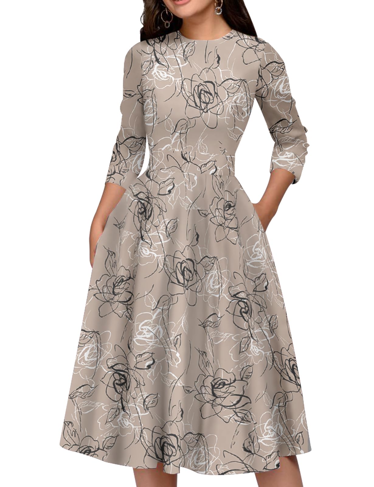 Simple Flavor Womens Floral Vintage Midi Dress 3/4 Sleeve