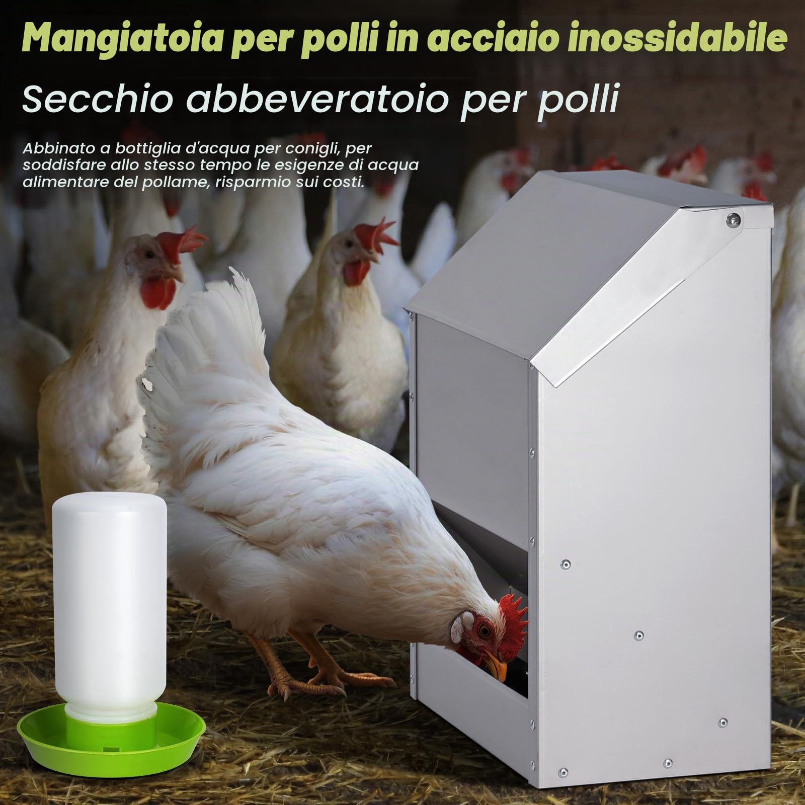 Distributore Automatico Mangime Per Polli, 10 Kg di Mangime per Pollame Appeso in Acciaio Inox con Abbeveratoio per Polli, Senza Sprechi, Mangiatoia per Pollai All'Aperto, Mangiatoia per Anatre, Oche