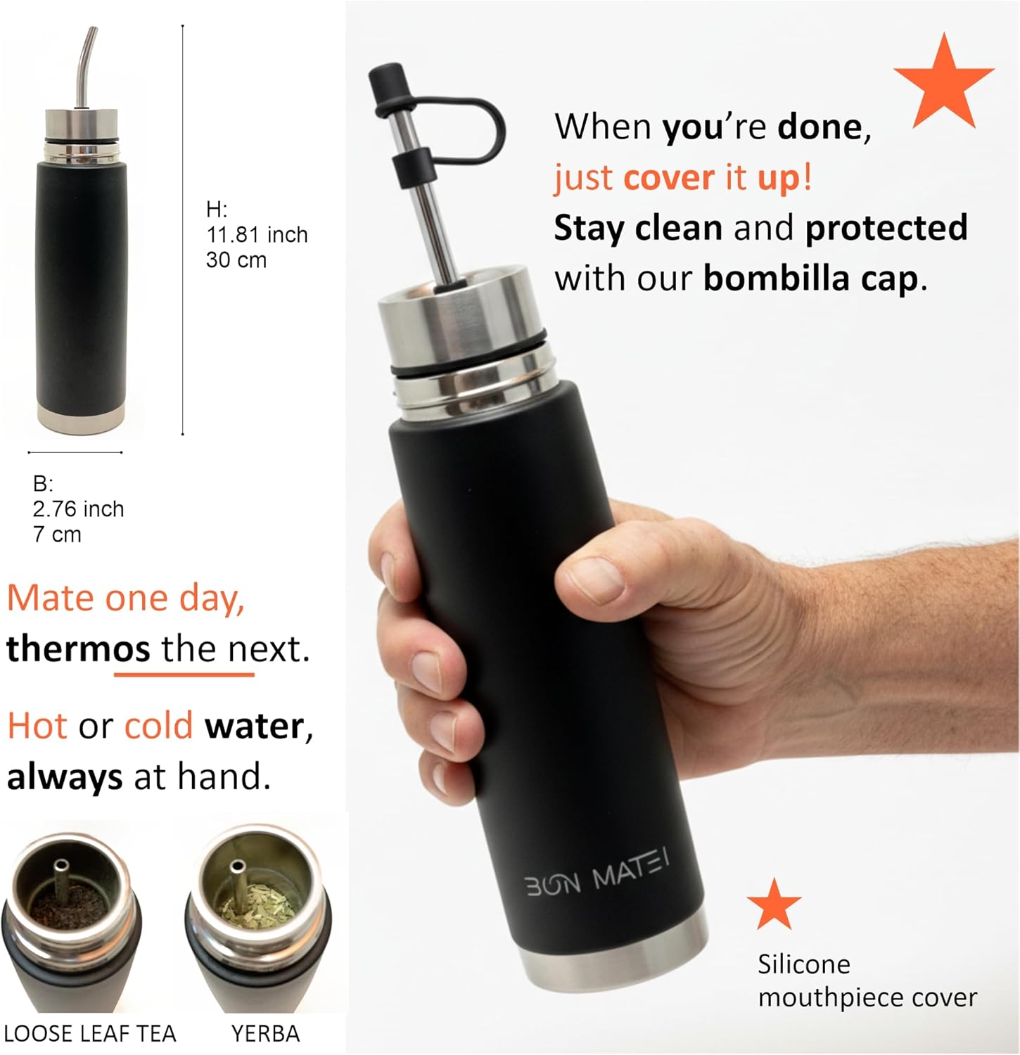 BONMATEI NEW Premium Automate – Self-Serving Stainless Steel Mate Bottle 16.9 fl oz | 2-in-1 Thermal Mate Cup with Built-in Bombilla | Keeps Drinks Hot or Cold | Ready to use (Black w/a)