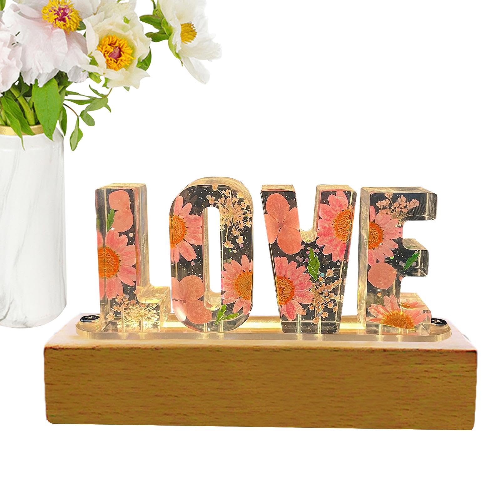 PUCHEN Flower Table Lamp, Bedroom Floral Letter Lamp, Car Art Ornaments Resin Letters Light with Wood Base, Light up Letters Wedding Decorations for Home