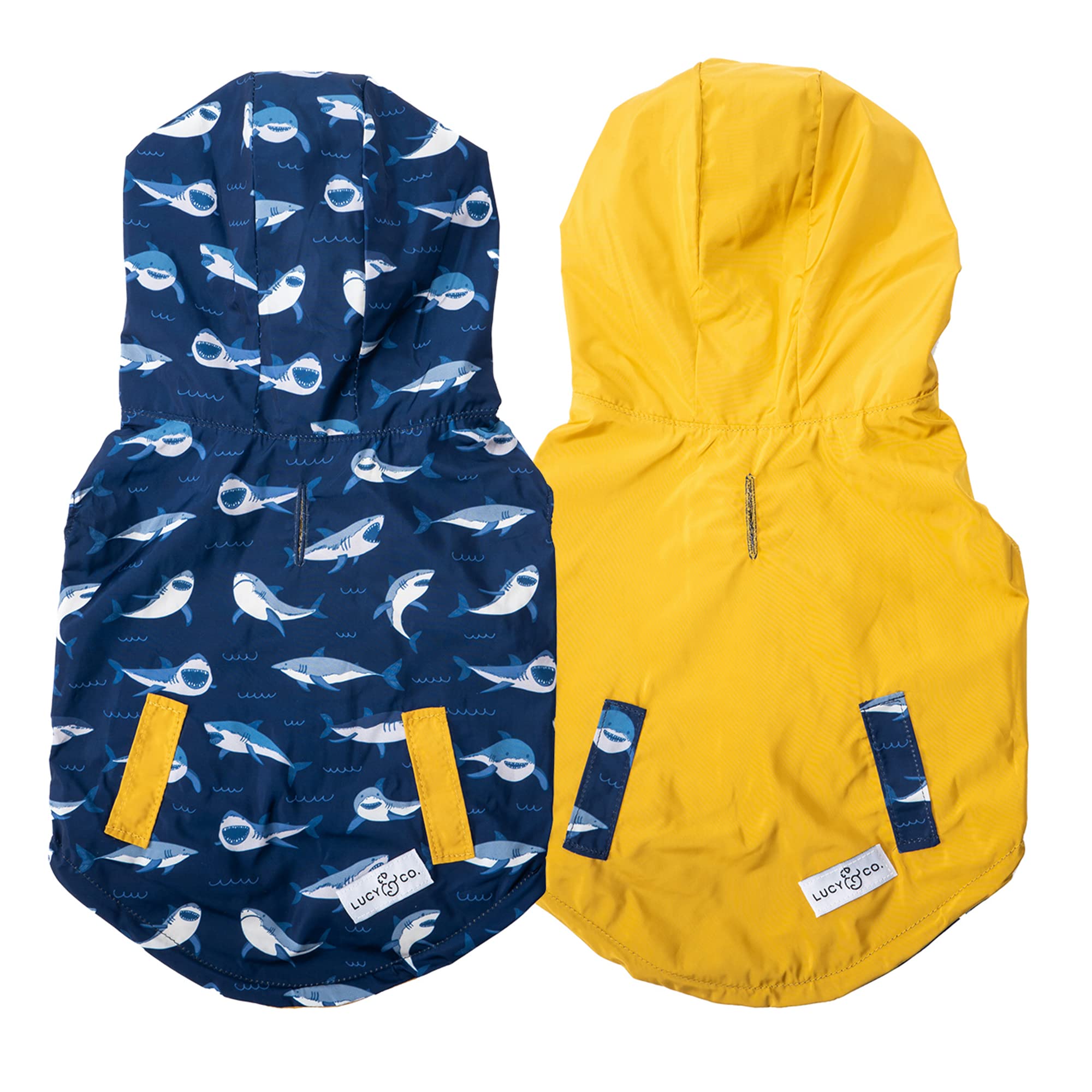 Lucy & Co. Wendbarer Regenmantel für Hunde (Haustiere),Hunde-Regenmantel,Hunde-Regenmäntel für kleine Hunde, Hunde-Regenmäntel für mittlere Hunde,Wasserdichte Hundekleidung (2XL, Shark Attack)
