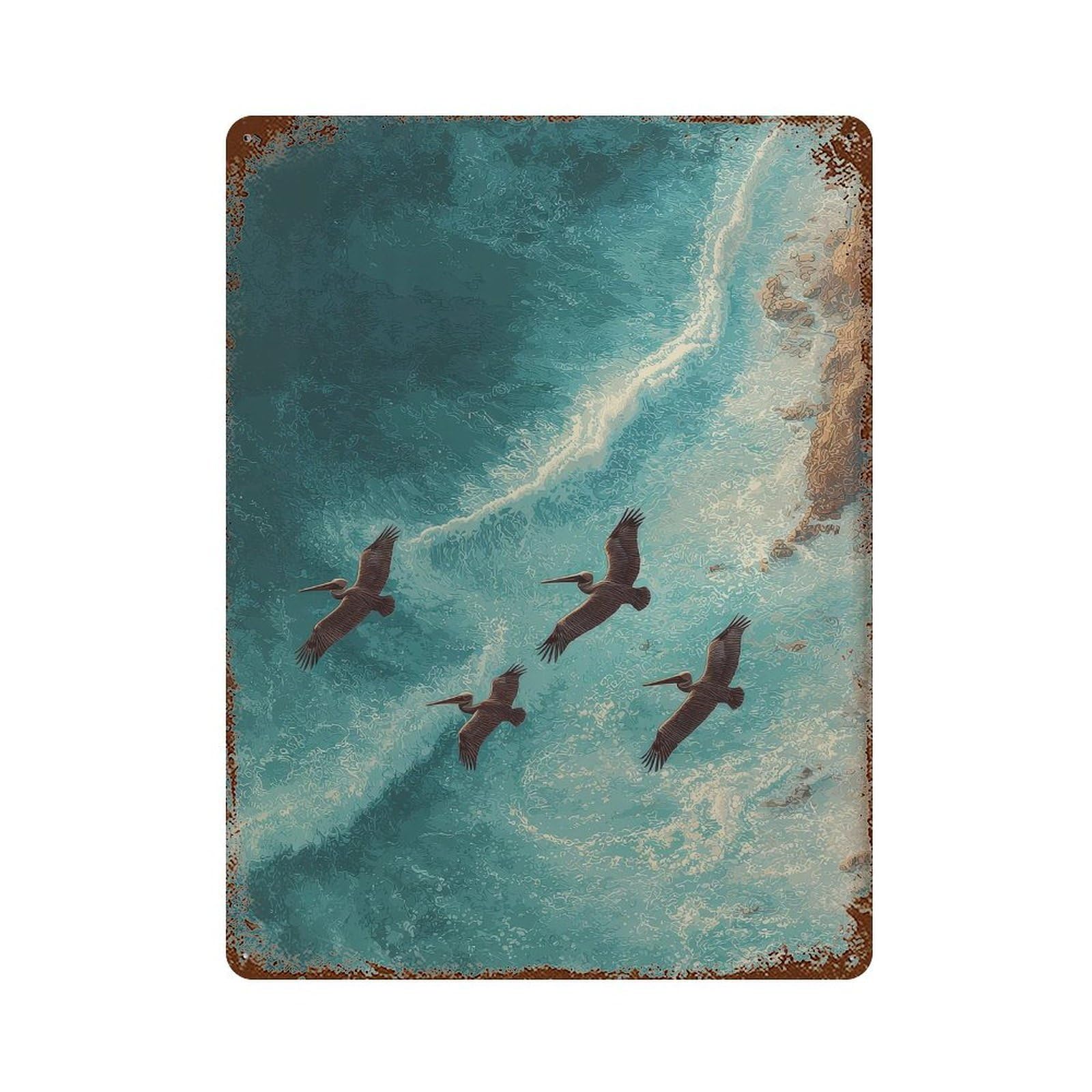 xiaoxiaoshen Pelicans Flying Over Ocean. Coastal Seascape Wall Decor Art Metal Tin Poster Modern Home Decor Art Home Bar Shop Decorations Vintage Sign 40x30cm