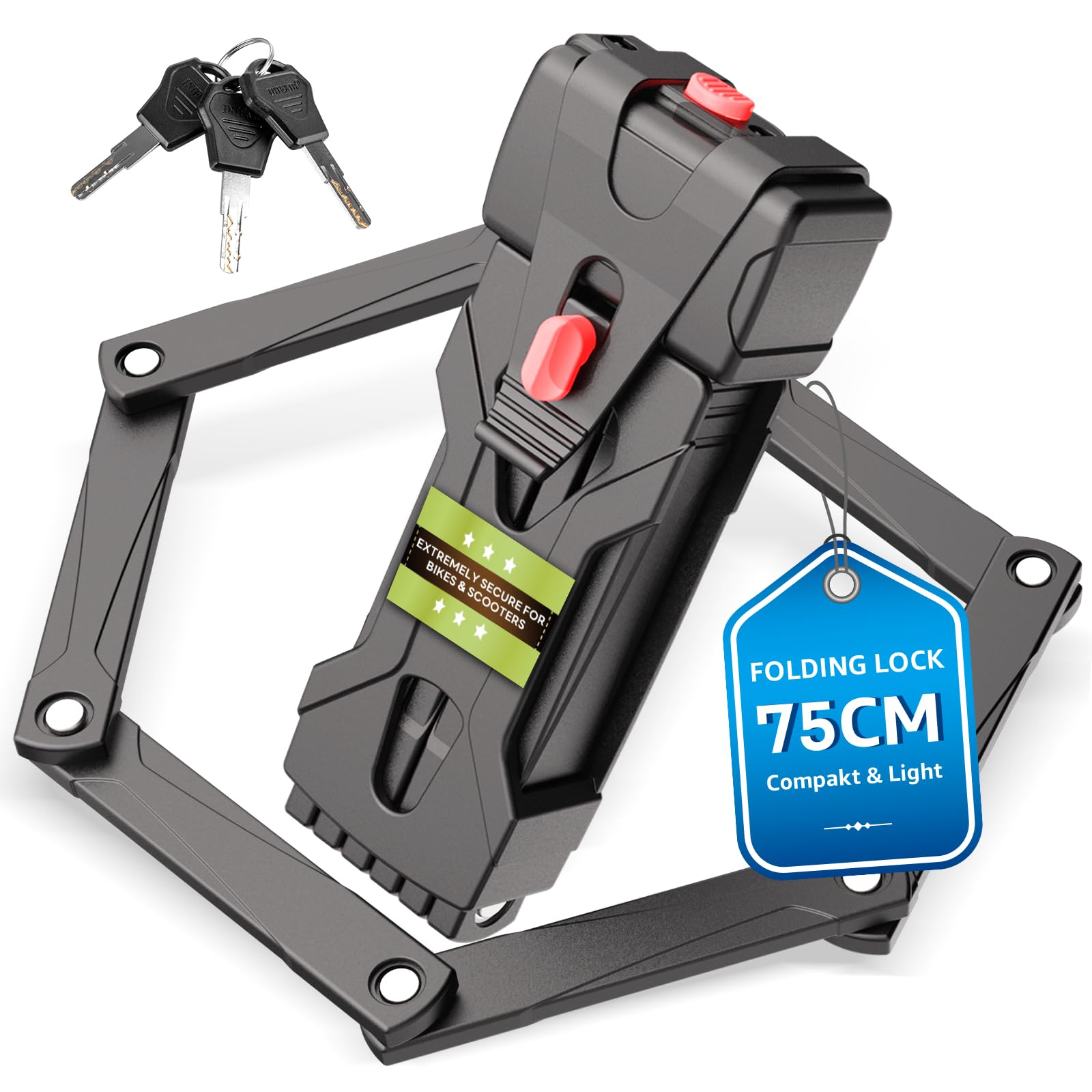 Compact Folding Bike Lock, Heavy Duty Bicycle Lock with 3 Keys and Mount, Lightweight Foldable Chain Locks for E-Bike, Motorcycles, Scooters - 75cm (30 in)